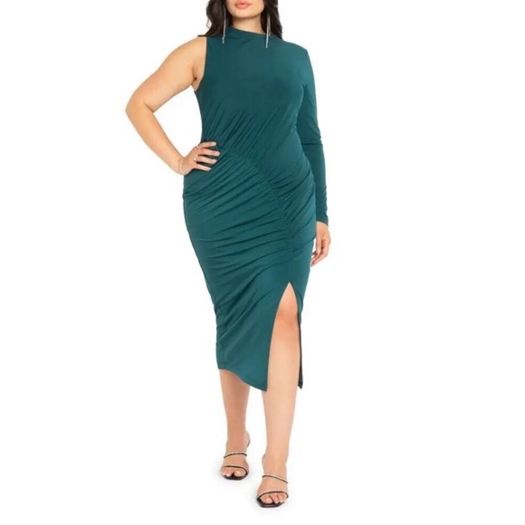 ELOQUII Elegant Teal One-Shoulder Dress. - Picture 1 of 11